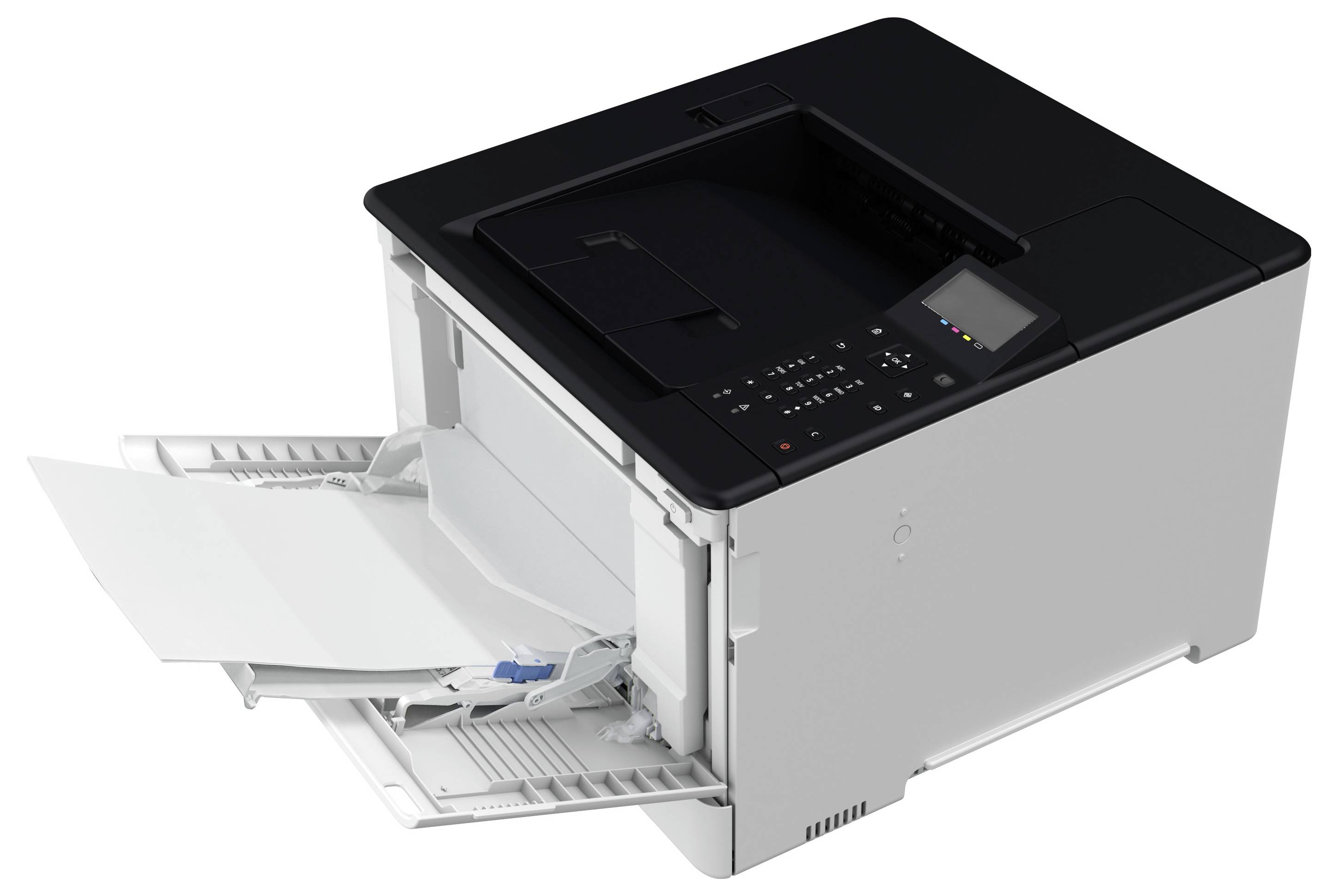 Un imprimante laser noir et blanc avec le bac à papier ouvert montre plusieurs feuilles imprimées dans le bac de sortie.
