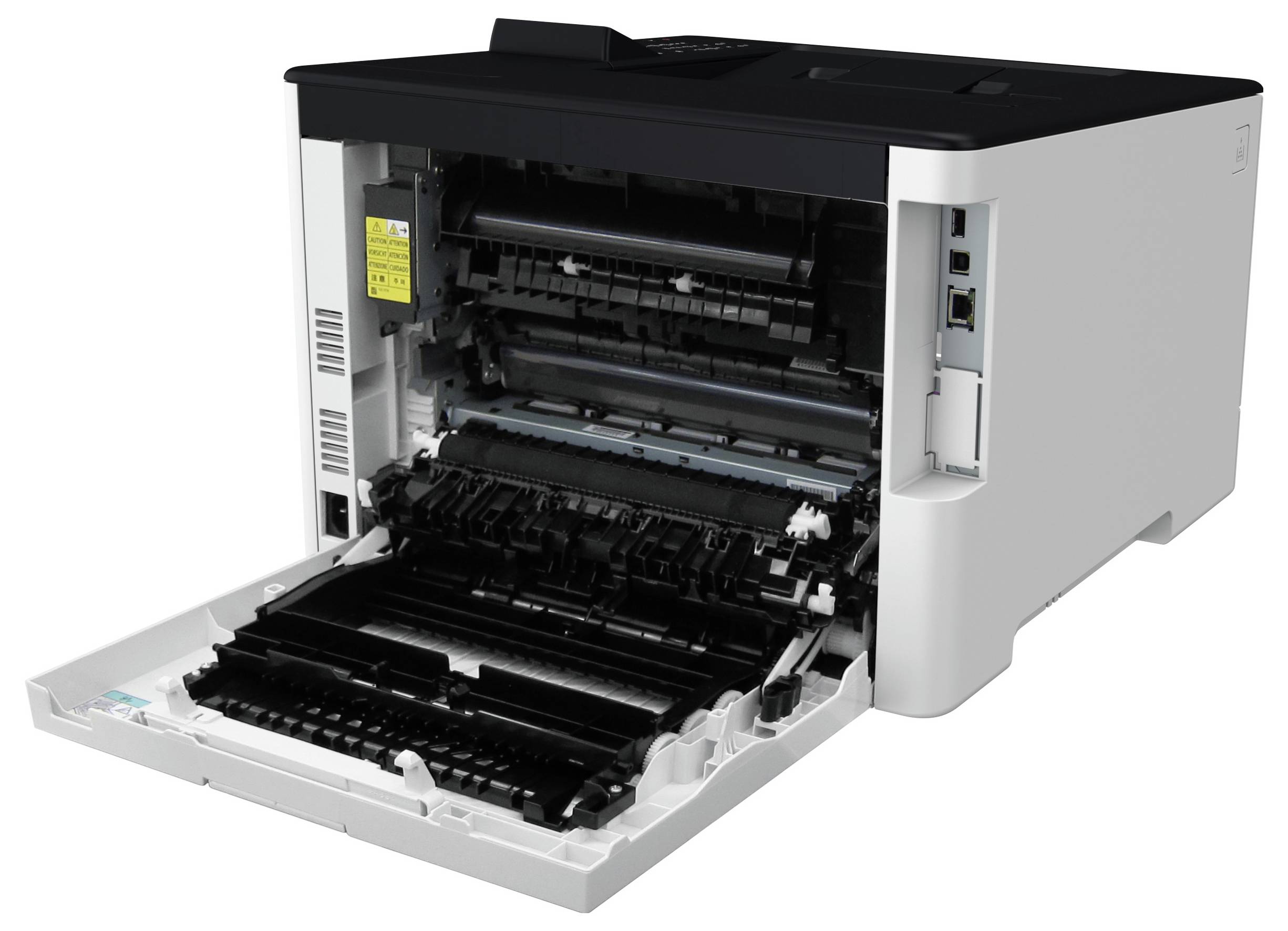 Un imprimante ouvert révèle ses composants internes, incluant le mécanisme d'alimentation papier et les cartouches d'encre.