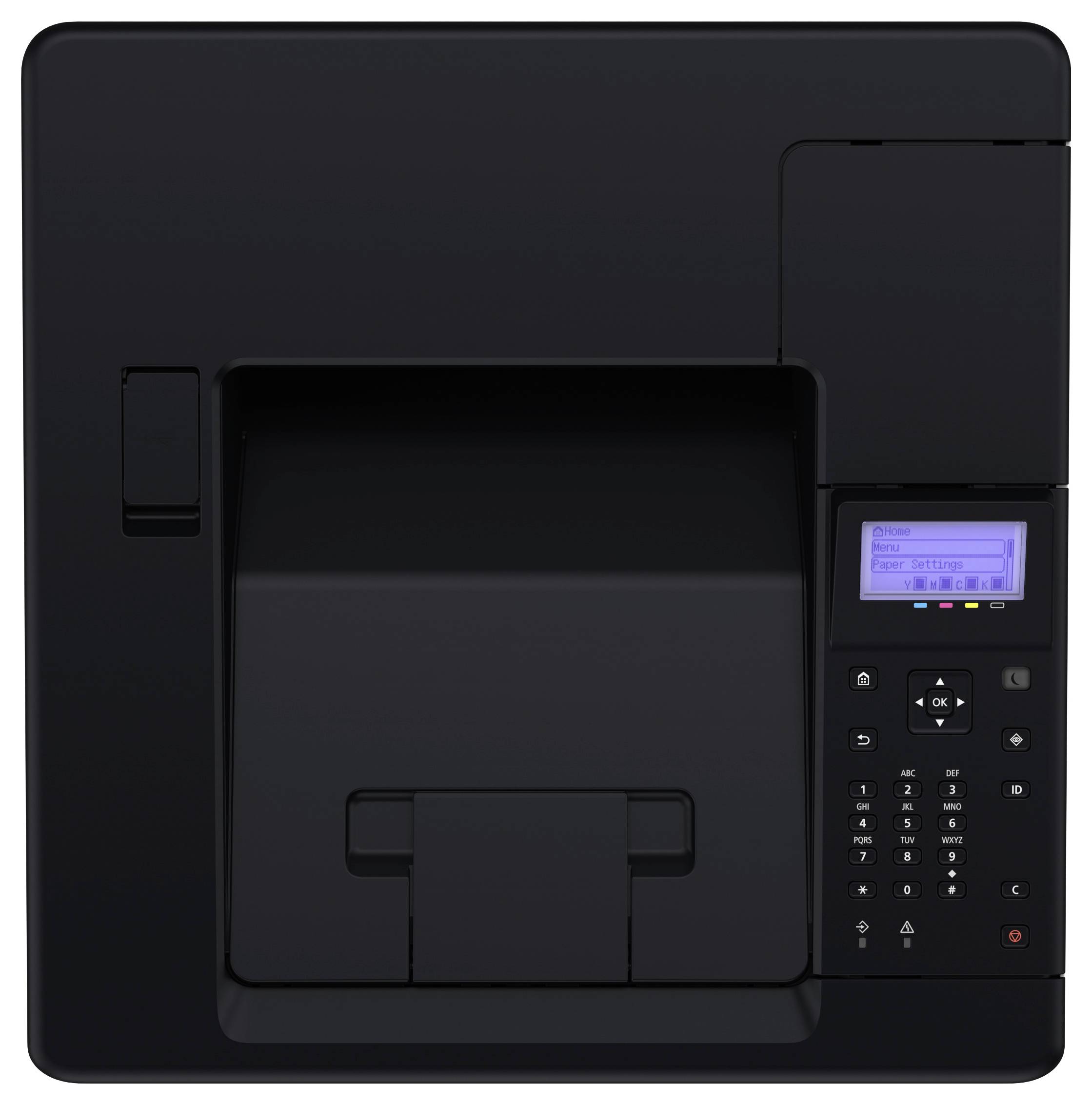 Un imprimante de bureau noir avec un écran numérique et un clavier est photographié de dessus.