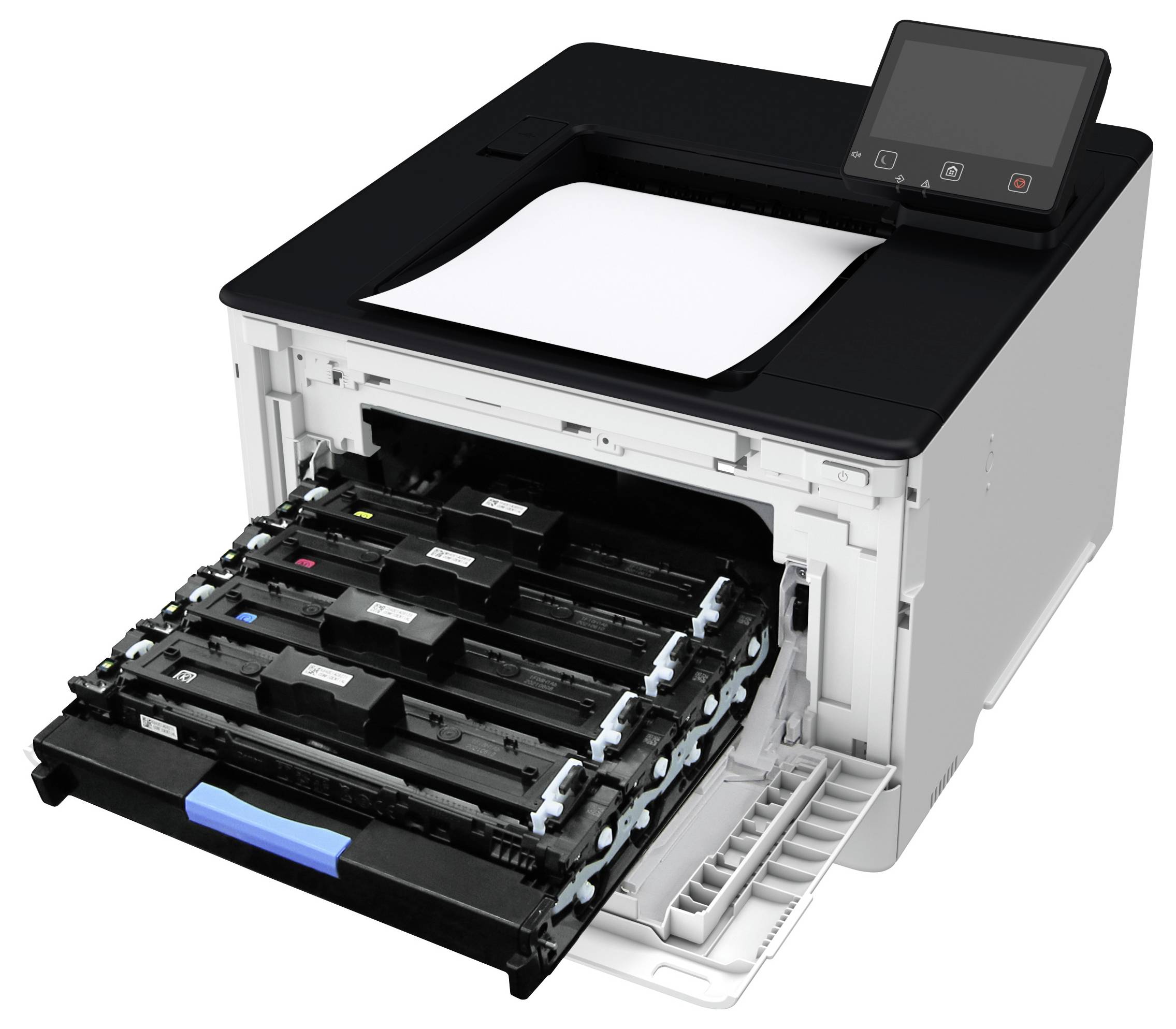 'Imprimante avec le capot ouvert montrant quatre cartouches de toner interchangeables de différentes couleurs.'