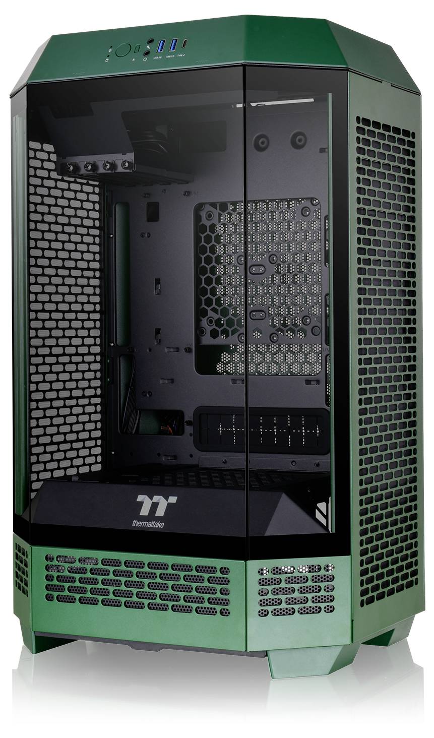 Un boîtier PC hexagonal vert avec une vitre transparente sur l'avant, dépourvu de composants internes, révèle ses détails intérieurs.