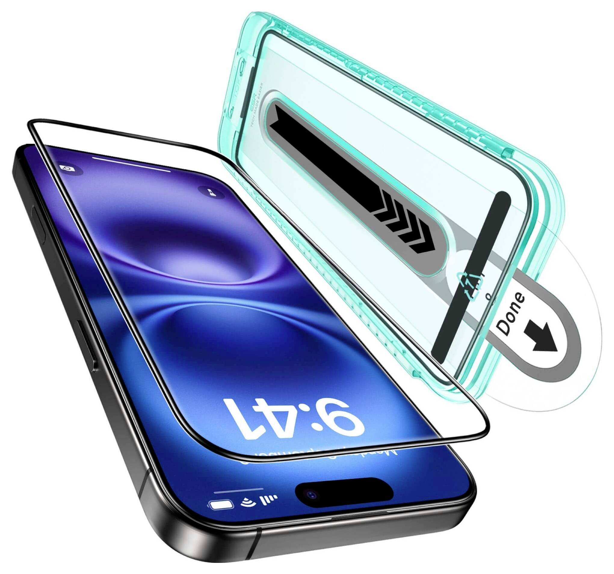 Smartphone avec un film de protection d'écran sur lequel est écrit 'Done', protégé par une coque transparente turquoise, ouverte sur le côté.