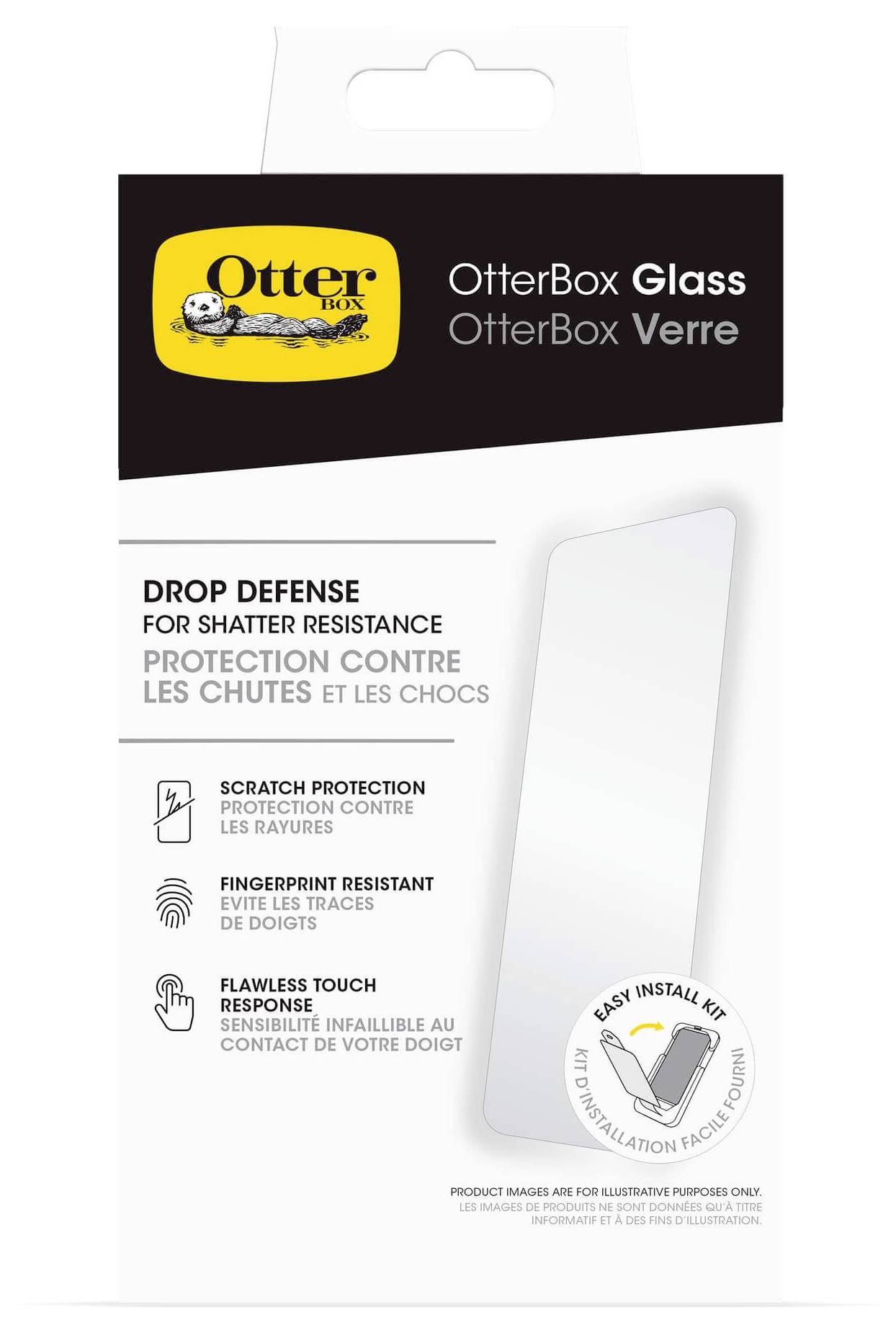 Emballage OtterBox pour verre de protection d'écran. Met l'accent sur la protection contre les chutes, un design résistant aux rayures et une installation facile.