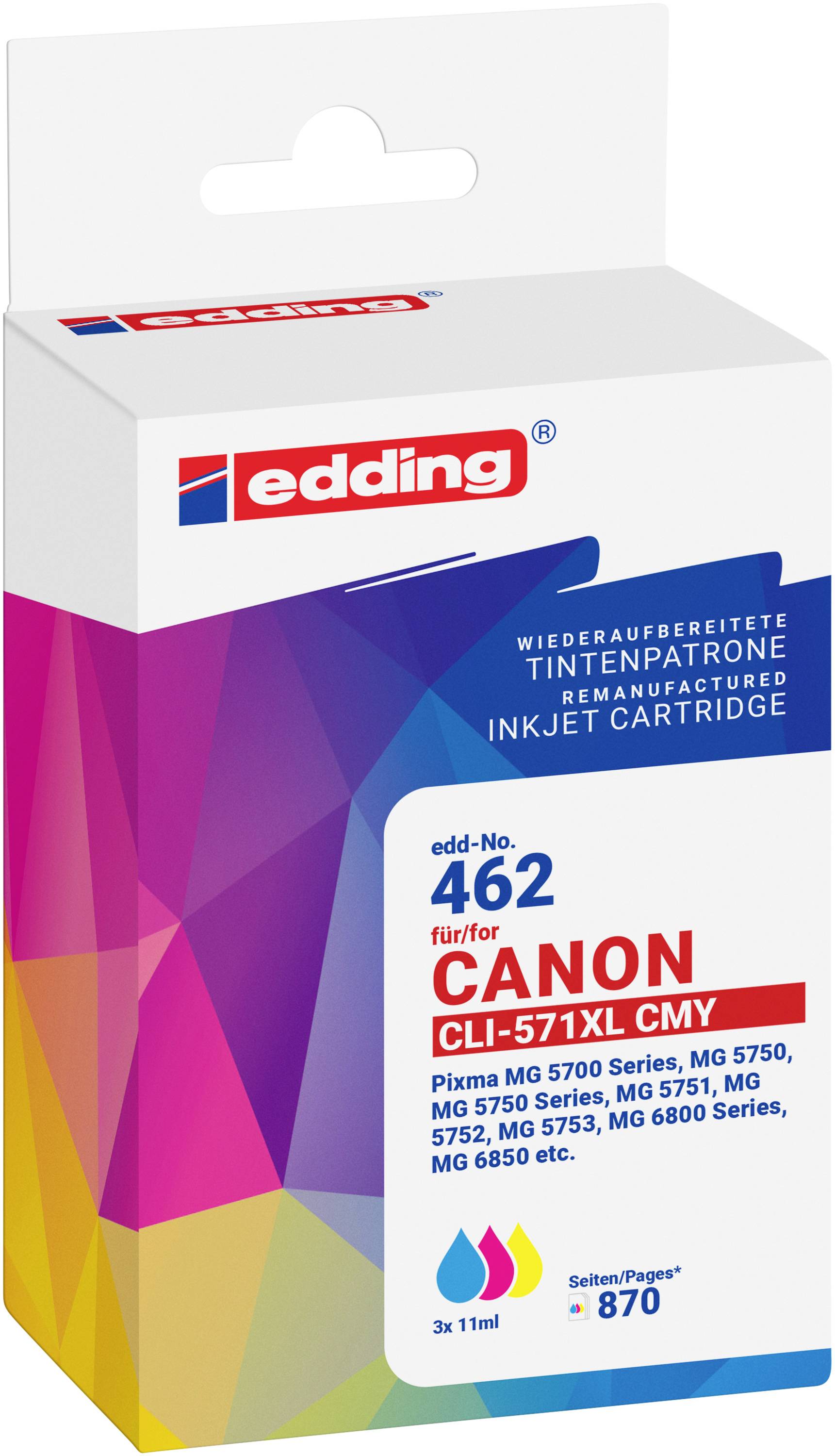 Edding Encre remplace Canon CLI-571XL CMY compatible pack bundle cyan, magenta, jaune EDD-462 18-462-01