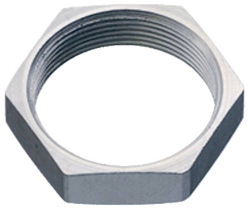 Écrou hexagonal en métal avec filetage intérieur, utilisé pour la fixation de vis.