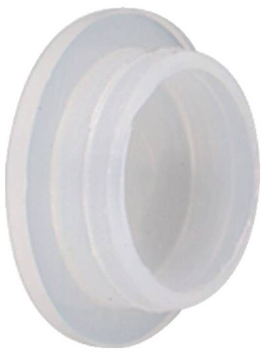 Un couvercle en plastique transparent, cylindrique, avec un bord plat.