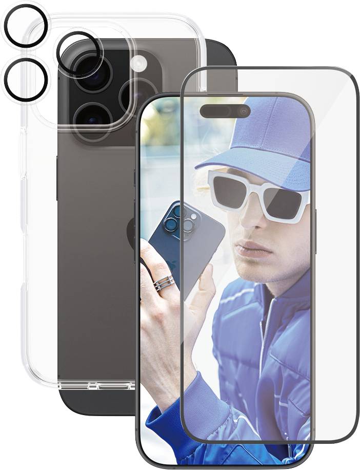 Un homme portant une veste bleue, des lunettes de soleil et une casquette regarde un smartphone. Au premier plan, des accessoires de téléphone mobile, tels que des coques et des protections d'écran.