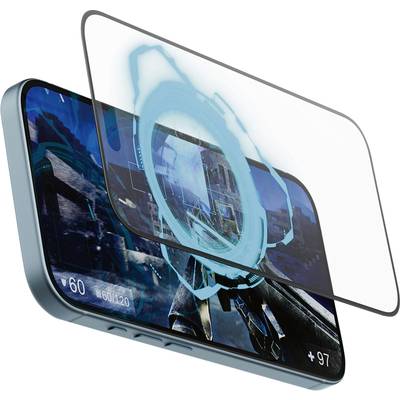 Un smartphone dans un étui affiche un jeu vidéo avec une scène futuriste. Un élément holographique circulaire met en valeur certains détails.