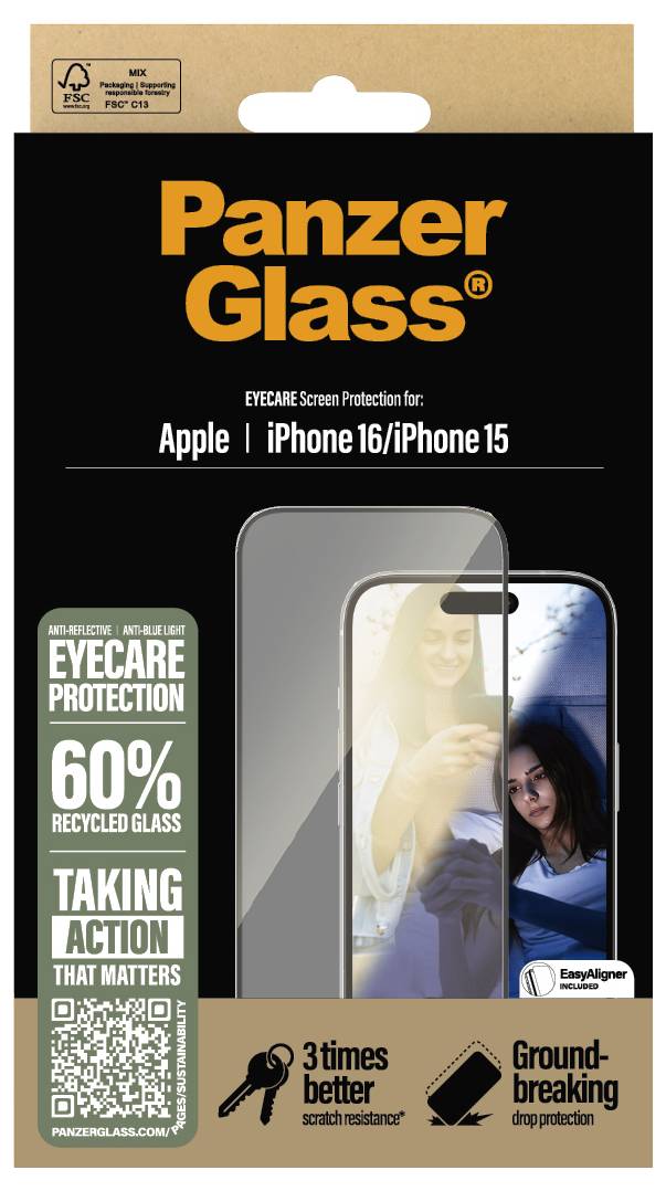 Protection d'écran PanzerGlass pour Apple iPhone 16/iPhone 15, fabriquée à partir de 60 % de verre recyclé avec protection oculaire et résistance aux rayures améliorée.