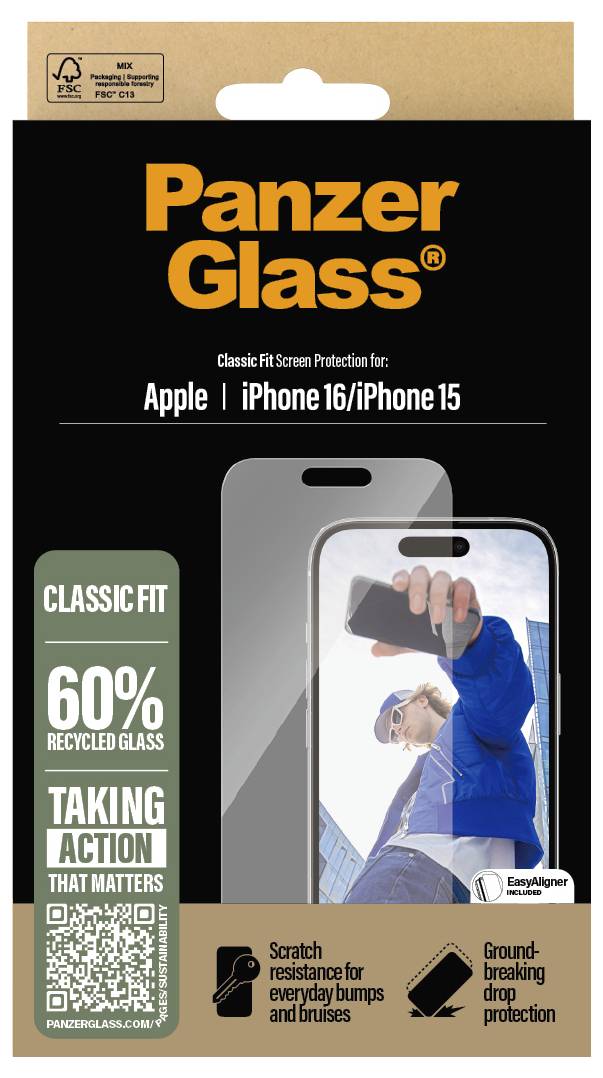 Emballage PanzerGlass pour iPhone 16/iPhone 15. Image publicitaire montrant une personne avec un smartphone. 60% de verre recyclé, résistant aux rayures et aux chocs.