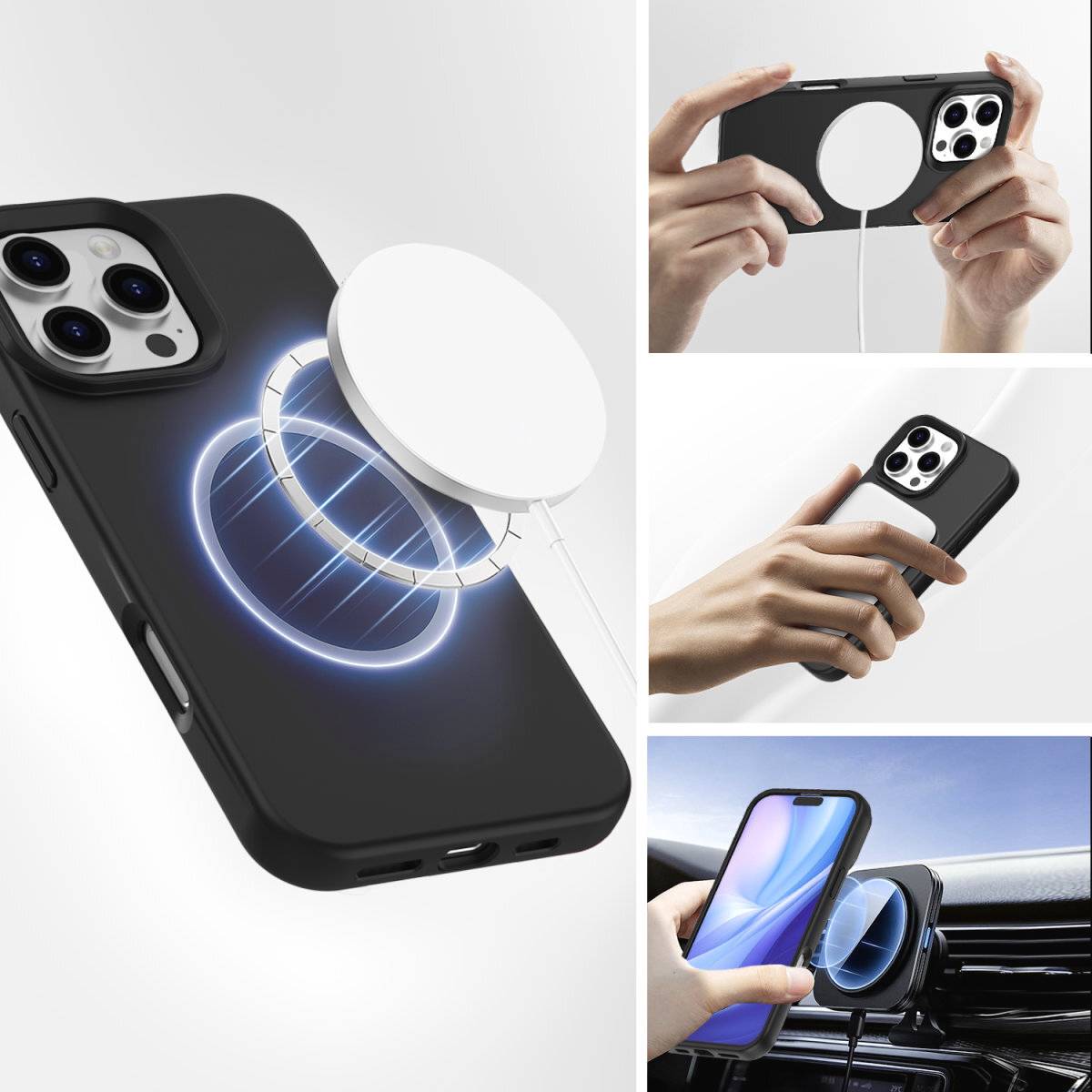 Un smartphone est chargé sans fil sur un chargeur. D'autres images montrent le smartphone tenu dans la main et utilisé dans une voiture.