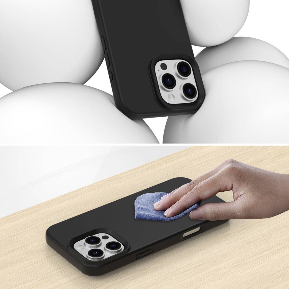 Un smartphone est nettoyé avec un chiffon. L'accent est mis sur la caméra du téléphone, qui est posé sur une table en bois.