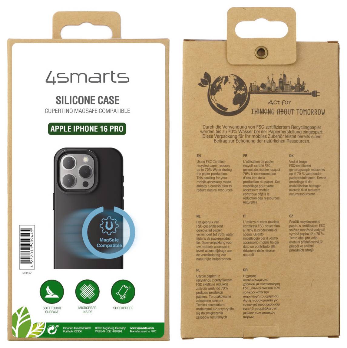 Emballage d'un étui de protection en silicone pour iPhone 16 Pro de 4smarts. La face avant présente la compatibilité et les fonctionnalités, la face arrière informe sur les matériaux écologiques et le recyclage.