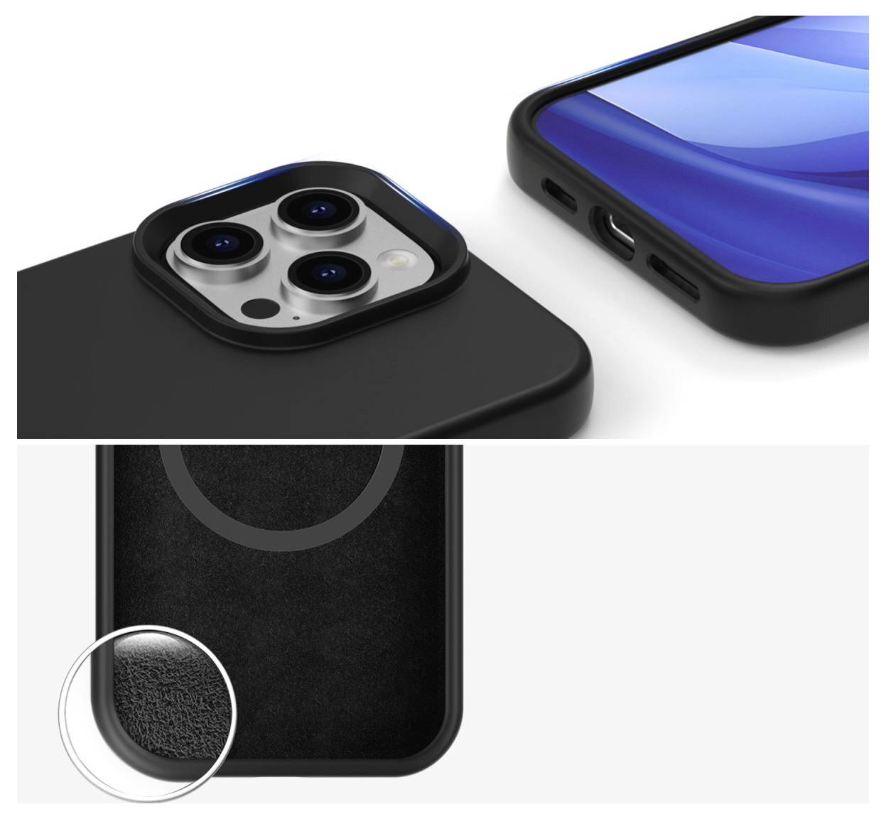 Gros plan sur une coque de téléphone noir avec des coins renforcés et des découpes précises pour l'objectif de l'appareil photo du smartphone.