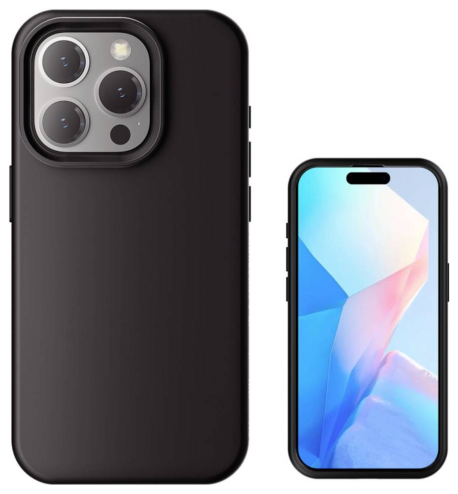 Deux smartphones dans des étuis : à gauche la face arrière avec trois caméras, à droite la face avant avec l'écran activé.