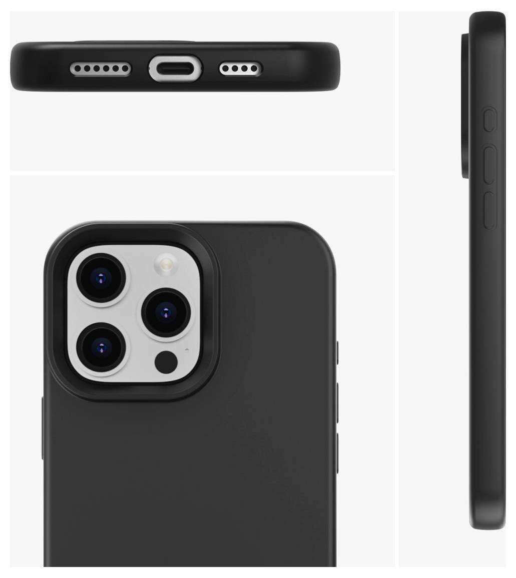 Plusieurs vues d'un smartphone noir : vue du bas avec port de charge, vue arrière avec trois caméras, vue latérale avec boutons.