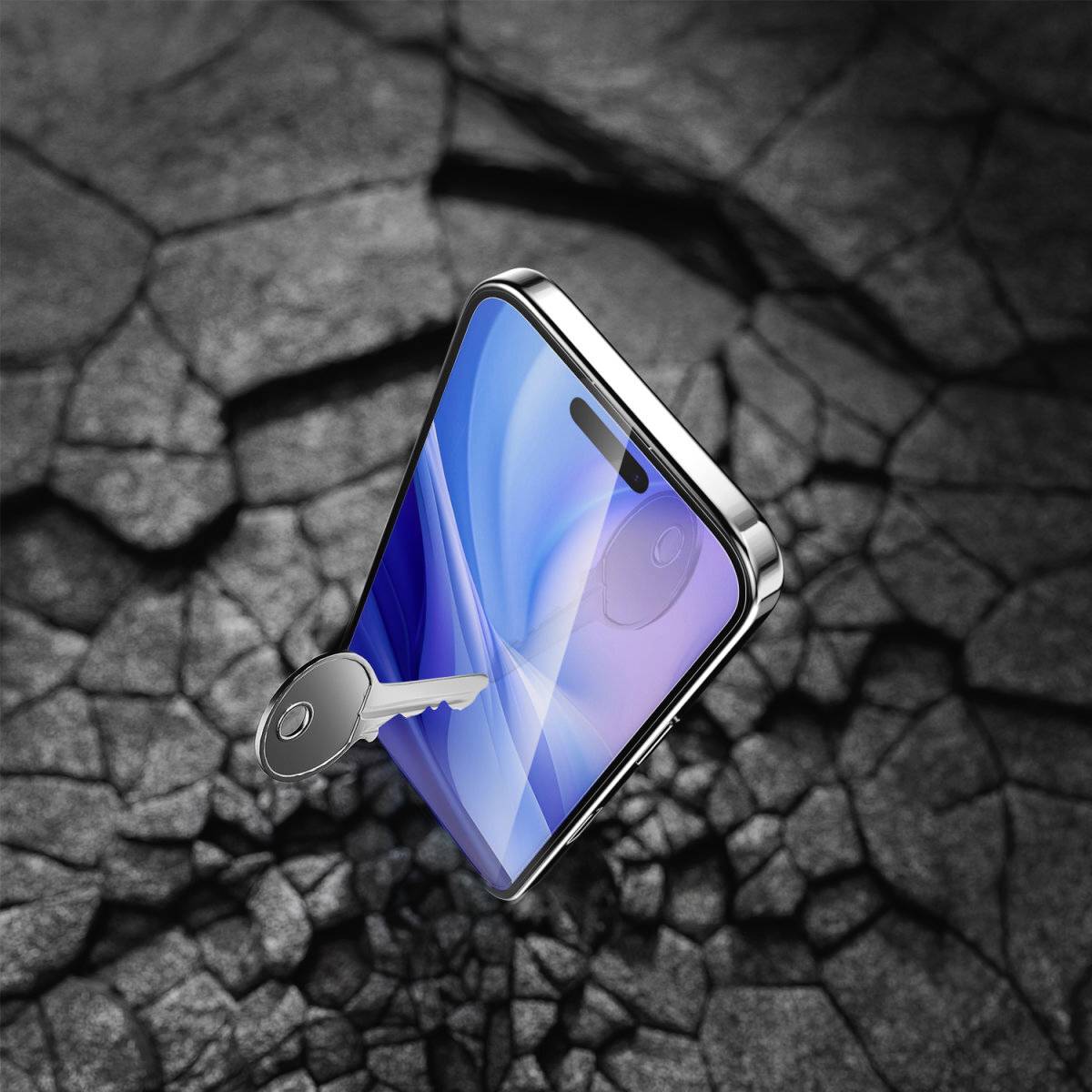 Smartphone à l'écran bleu, en lévitation au-dessus d'une surface sombre et fissurée, transpercé par une grande clé argentée.