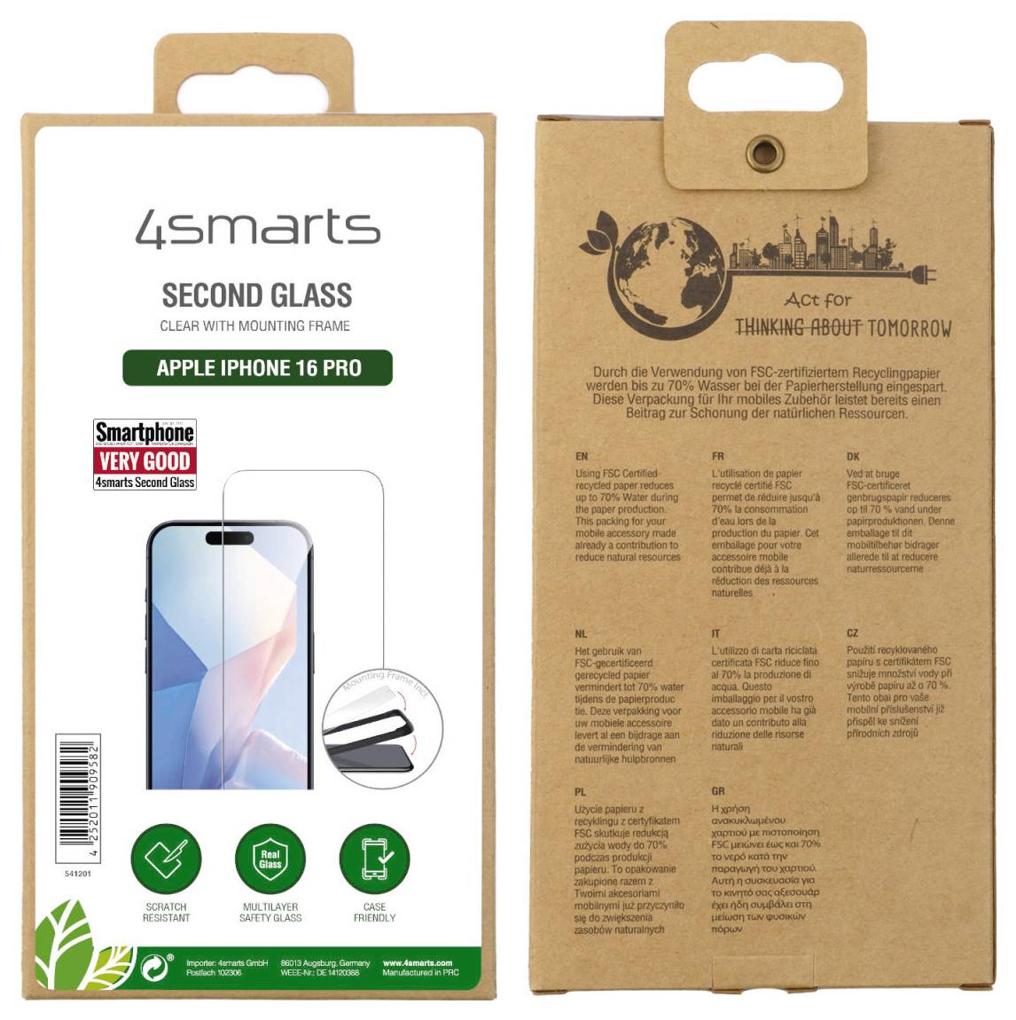 Emballage d'une protection d'écran pour iPhone 16 Pro par 4smarts. "Second Glass" avec cadre de montage. Dos en matériau recyclé.