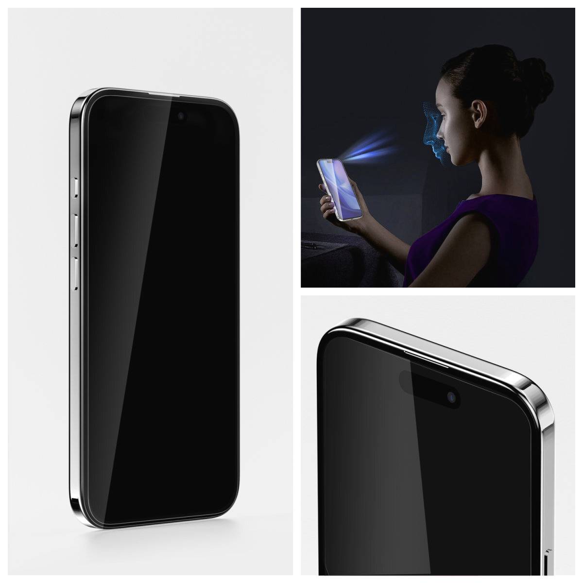 Smartphone avec reconnaissance faciale : À gauche, appareil avec un écran brillant. À droite, une personne utilisant la reconnaissance faciale dans un environnement sombre.