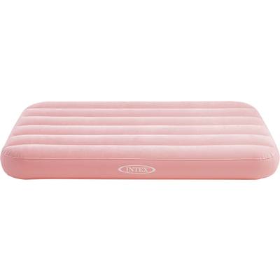 Un matelas pneumatique rose de la marque Intex, posé à plat, adapté pour une utilisation à l'intérieur et à l'extérieur.