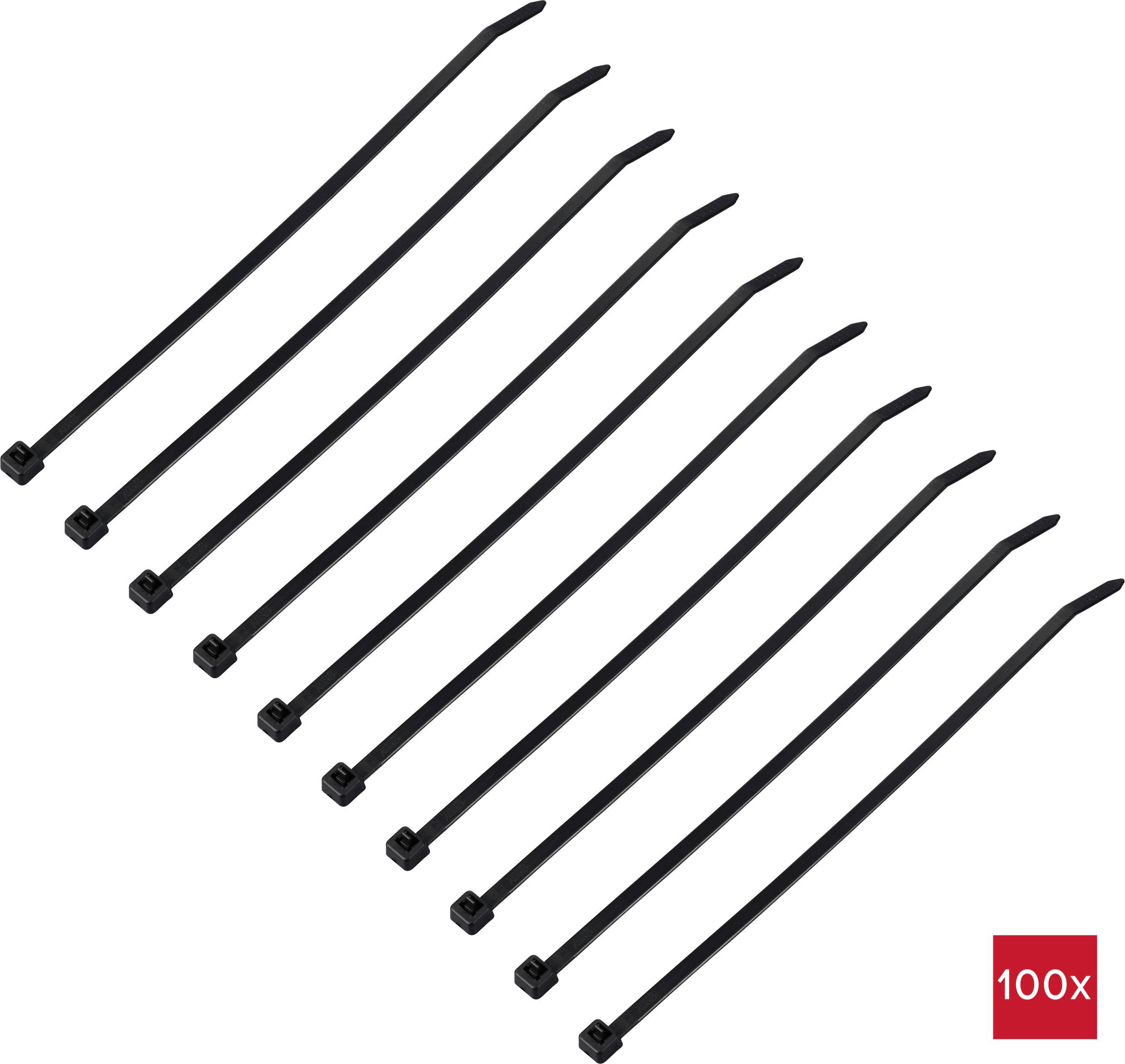 Des attaches de câble noires alignées avec un carré rouge indiquant '100x'.