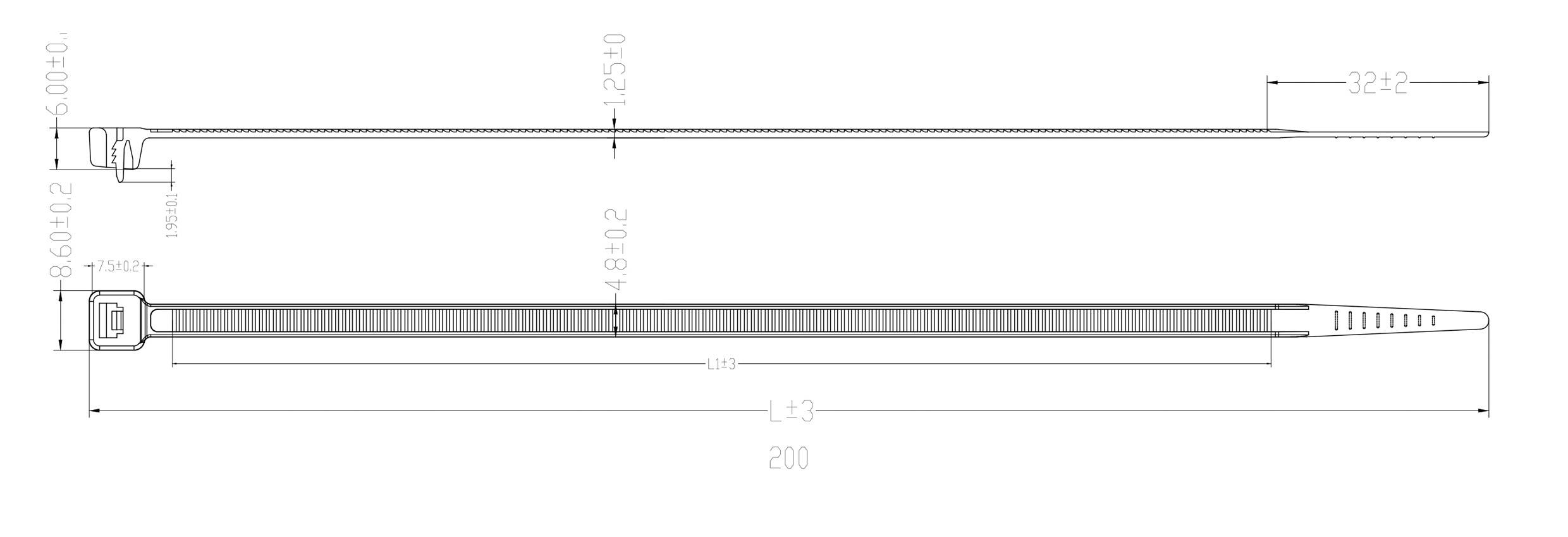 Dessin technique d'un collier de serrage avec dimensions : longueur 200 mm, largeur 4,8 mm. Vue latérale et vue de dessus numérotées.