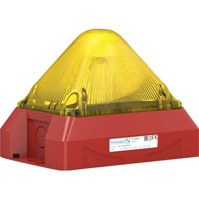 Un voyant lumineux jaune sur un boîtier rectangulaire rouge, adapté aux applications industrielles d'avertissement ou de sécurité, portant le marquage CE.