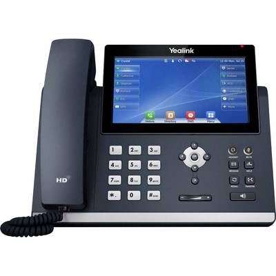 Un téléphone avec un grand écran affiche une interface de menu avec des applications. Des commandes de contrôle d'appel sont visibles en dessous.