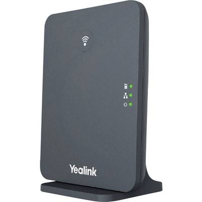 Station de base Yealink noire avec trois voyants LED verts sur le côté droit, affichant un symbole Wi-Fi en haut.