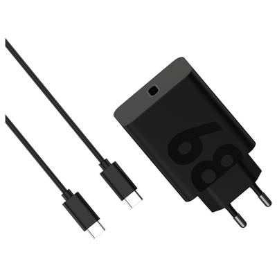 Chargeur USB-C noir avec deux câbles USB-C, adapté pour charger rapidement les appareils.