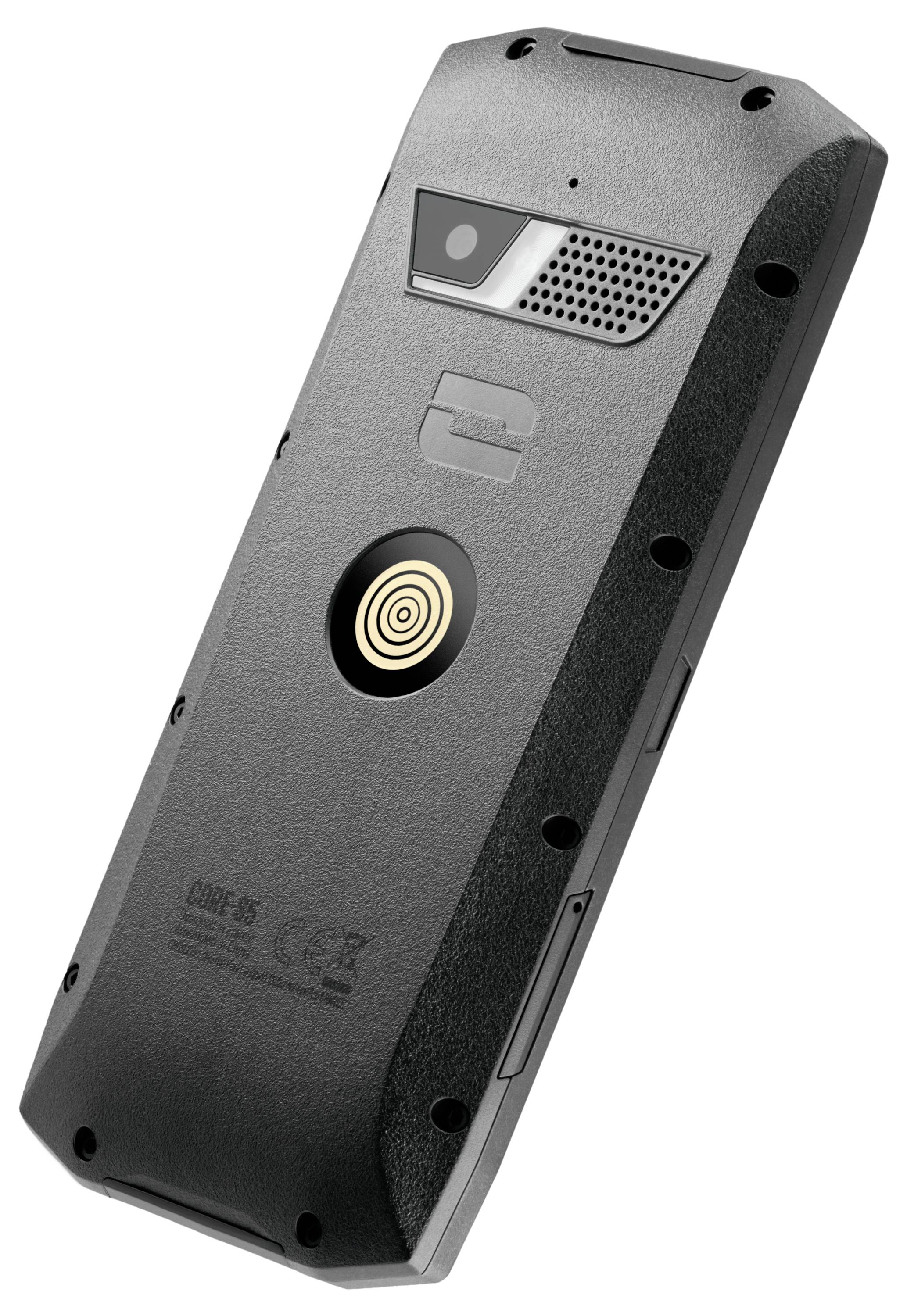 Vue arrière d'un téléphone mobile robuste avec caméra, microphone et interface de charge dorée au centre. Forme rectangulaire et solide.