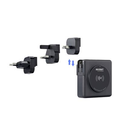 Chargeur avec trois fiches interchangeables et l'inscription 'VOLTCRAFT Qi2' sur la face avant, montrant la compatibilité avec différentes prises électriques.