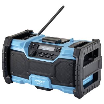Radio portable Hazet 9850-10 bleu et noir avec antenne, grilles de haut-parleur et panneau de commande, présenté sur un fond blanc.