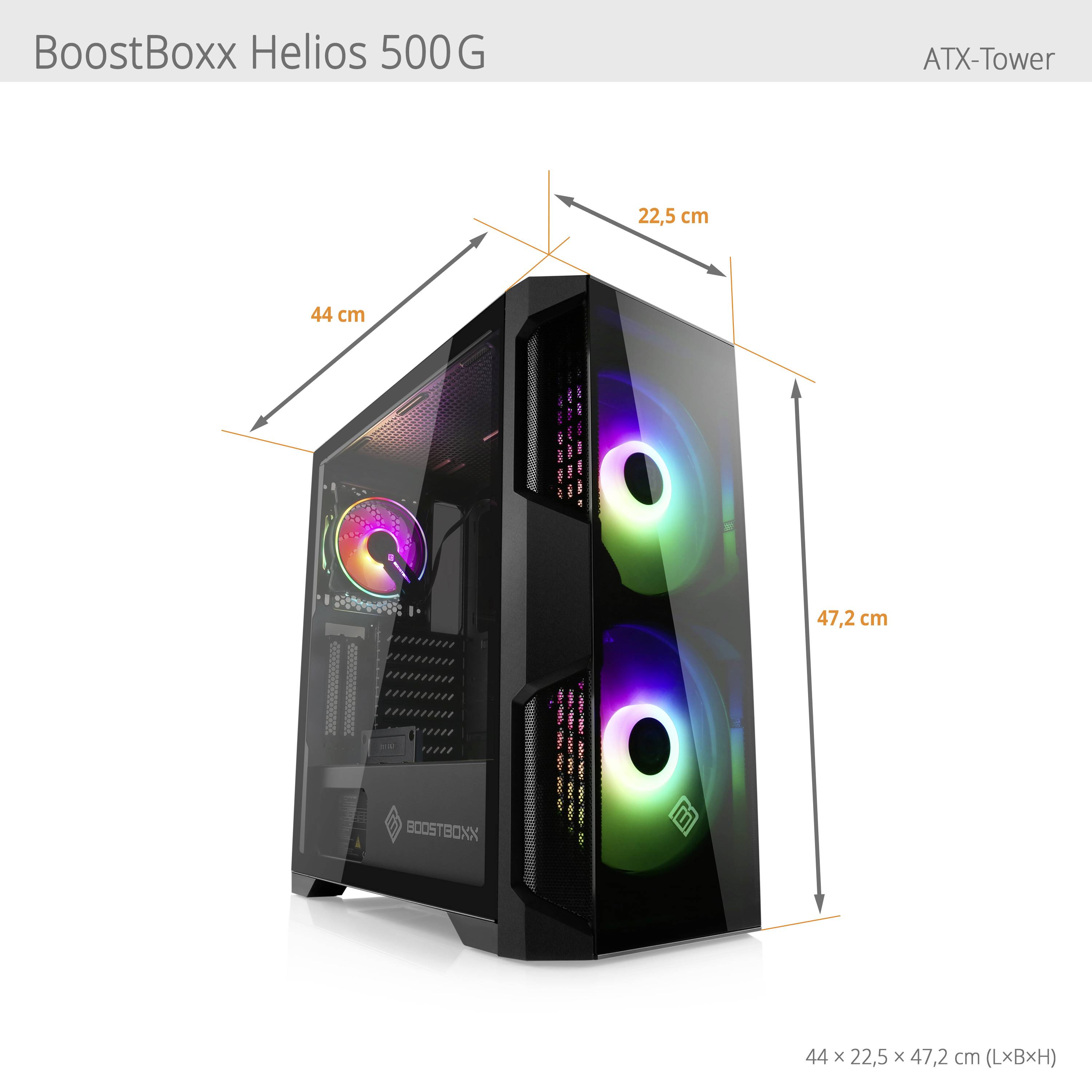 'BoostBoxx Helios 500G ATX-Tower' : Boîtier PC gaming avec façade en verre, deux ventilateurs rétroéclairés, dimensions 44 x 22,5 x 47,2 cm.