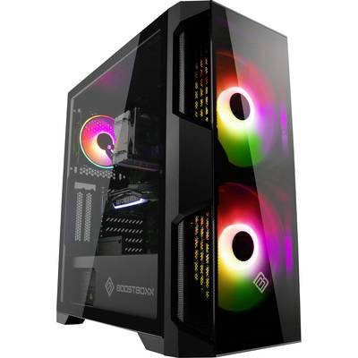 Un PC de jeu moderne avec un boîtier transparent qui révèle des ventilateurs éclairés par des LED de couleurs vives.