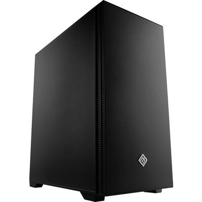 Boîtier d'ordinateur noir au design épuré, avec un logo mis en valeur sur la façade avant.
