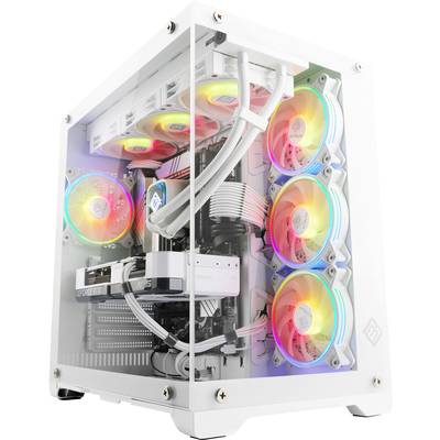 Un boîtier PC blanc avec des côtés transparents révèle des ventilateurs colorés et rétroéclairés ainsi qu'un câblage soigneusement organisé.