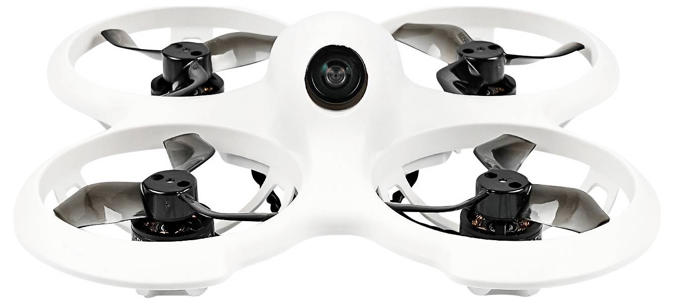 Drone blanche à quatre hélices avec une caméra centrale vue de face.