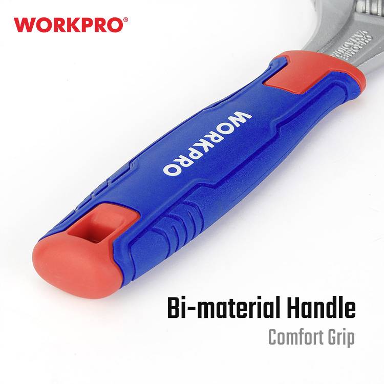 Poignée d'outil à double matériau rouge et bleu pour une prise en main confortable. Marque : WORKPRO. Texte : Poignée à double matériau, Prise de main confortable.