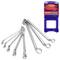 Six clés à molette argentées sont disposées en éventail devant un support d'outils bleu portant l'inscription « WORKPRO Double Ring End ».