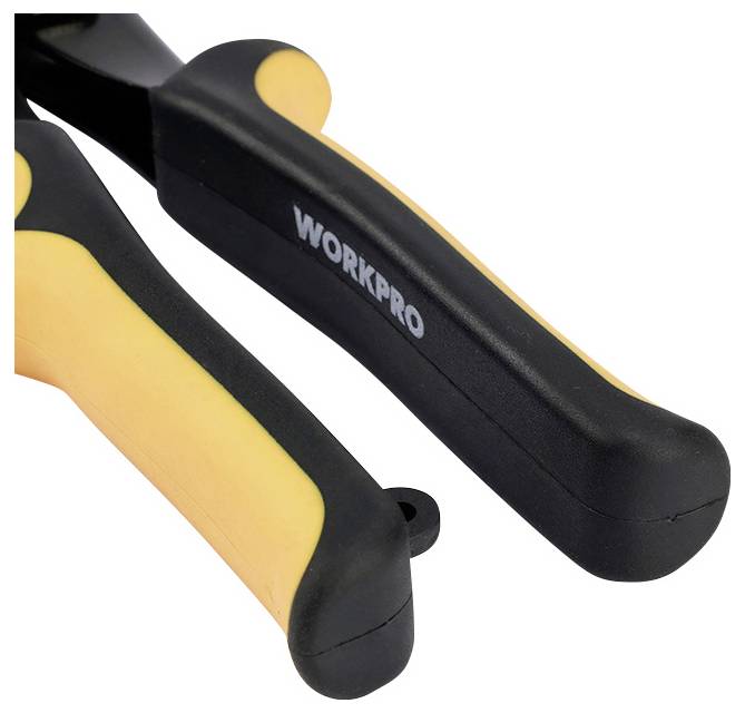 Pince avec poignée noire et jaune, portant l'inscription 'WORKPRO', vue détaillée des poignées.