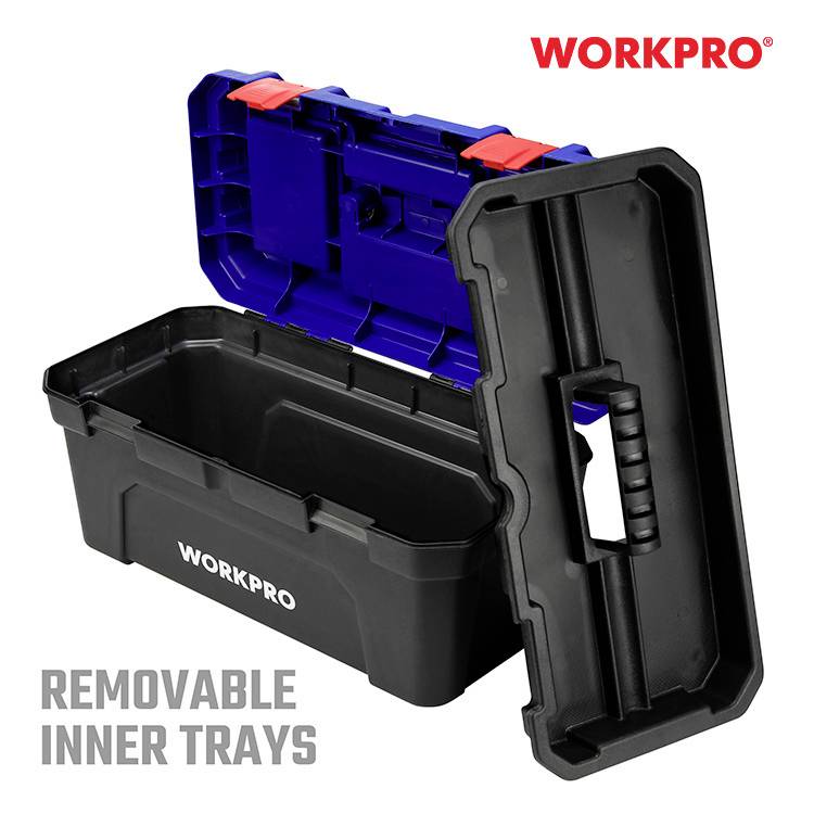 Boîte à outils de Workpro avec insert intérieur amovible, ouverte, montrant un intérieur bleu et un couvercle noir avec poignée, texte de la marque visible.