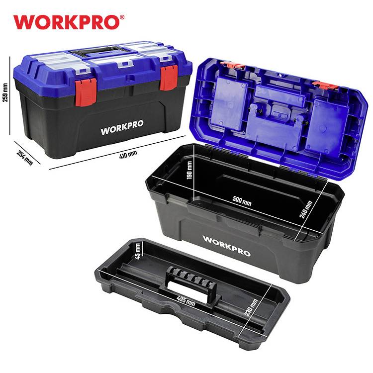 Boîte à outils WORKPRO, en bleu et noir. Dimensions : 410 mm x 205 mm x 195 mm. Valise ouverte montrant l'intérieur et la poignée.