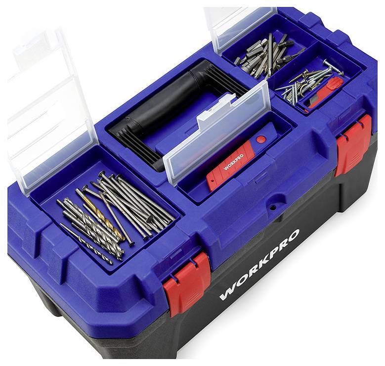 Une boîte à outils bleue avec deux compartiments remplis de forets et d'embouts, et une poignée au centre. Marquée 'WORKPRO'.