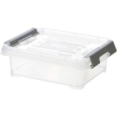 Une boîte de rangement en plastique transparent avec des poignées grises sur les côtés. Adaptée au stockage d'objets dans la maison ou au bureau.
