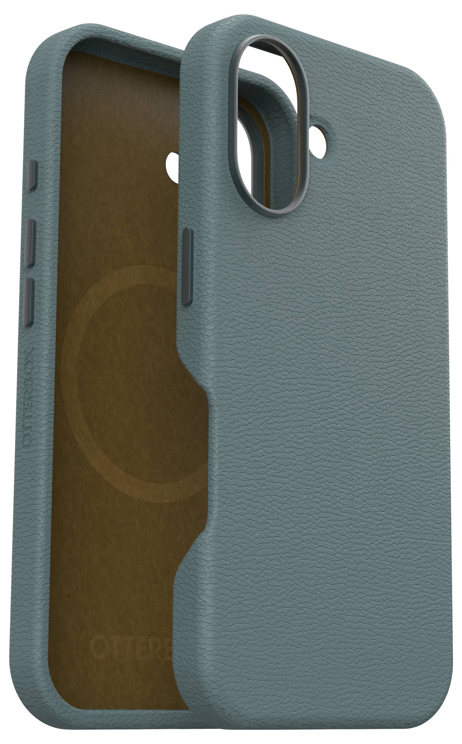 Une coque de téléphone vert foncé avec une texture, partiellement ouverte. Elle présente une découpe pour l'appareil photo et les boutons latéraux.