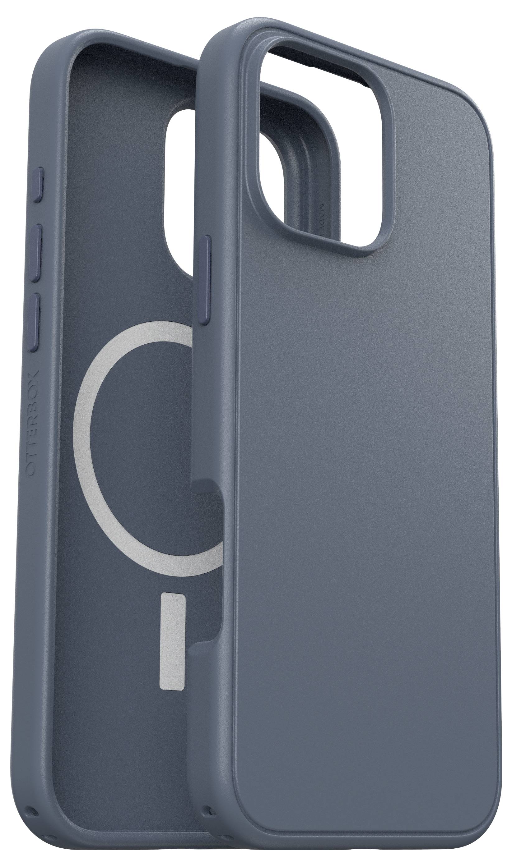 Étui de téléphone bleu foncé avec des ouvertures pour l'appareil photo et les ports, adapté au chargement sans fil. Compatible MagSafe.