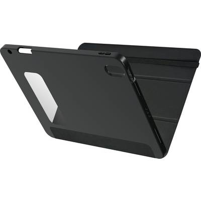 Étui noir pour tablette avec découpe pour l'appareil photo, posé sur une table.