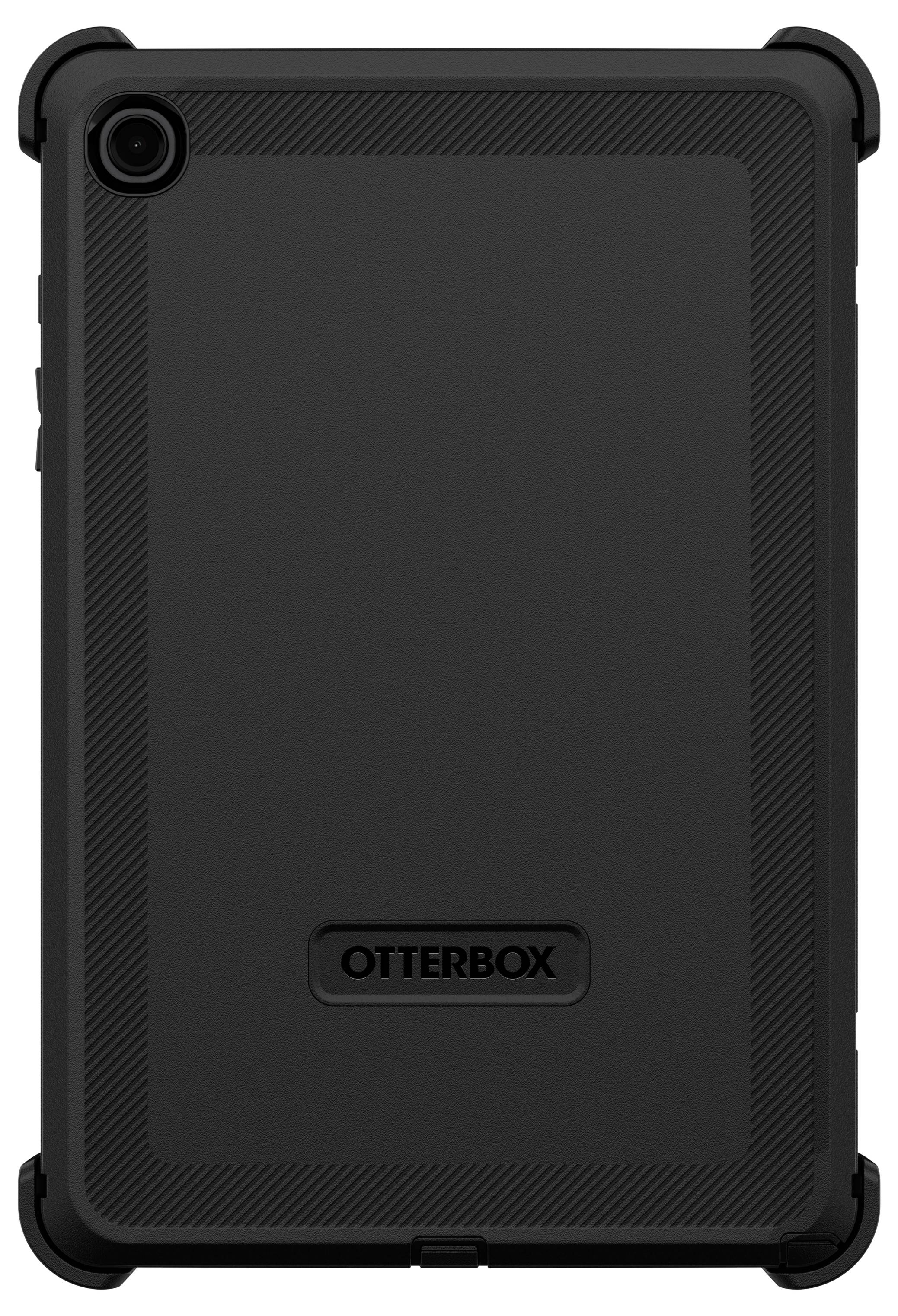 Une coque de protection robuste pour tablette, de couleur noire, avec des coins renforcés et un logo 'OtterBox' estampé au centre.