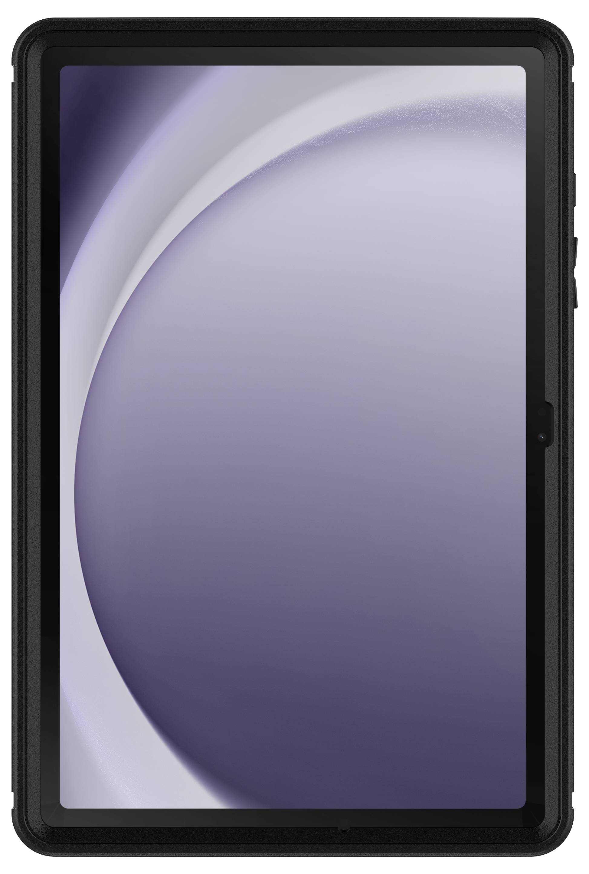 Une tablette noire avec un écran irisé de couleur lilas, présentant un arrière-plan numérique minimaliste.